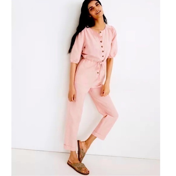 Madewell Linen-Blend Puff-Sleeve Tassel-Tie Jumpsuit size small NWOT